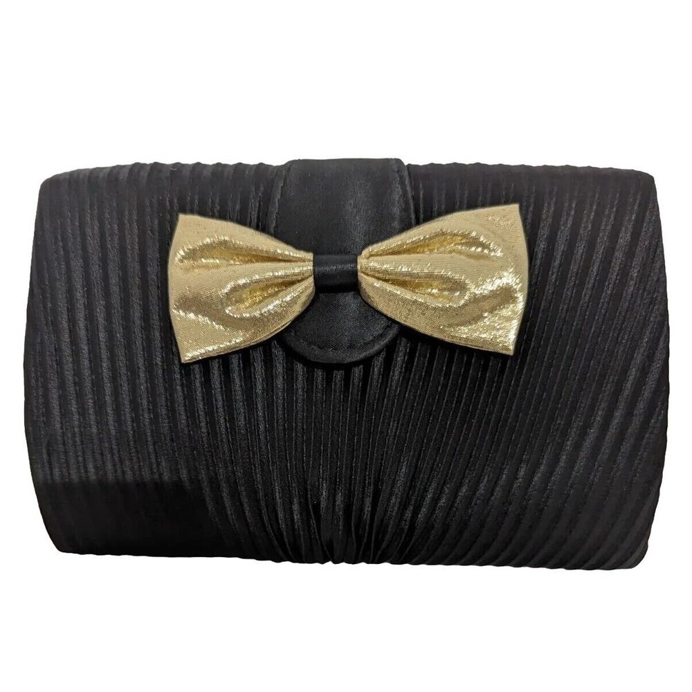 Evening bag Shoulder Convertible NWOT Gold Bow Pleated Black Satin.